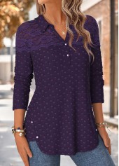Purple tops,Plain Color tops,ROTITA Patchwork Purple Shirt Collar Long Sleeve Blouse