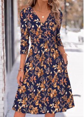 ROTITA Navy Leaf Print Shirred V Neck Long Sleeve Dress