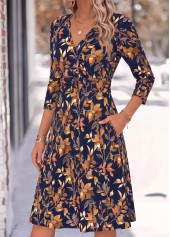 Navy dresses,Plants dresses,Everyday dresses,Casual dresses,ROTITA Navy Leaf Print Shirred V Neck Long Sleeve Dress
