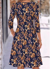 Navy dresses,Plants dresses,Everyday dresses,Casual dresses,ROTITA Navy Leaf Print Shirred V Neck Long Sleeve Dress