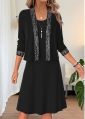 ROTITA Black Two-piece Round Neck Long Sleeve Dress and Cardigan