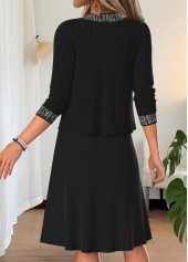 Black dresses,Plain Color dresses,Everyday dresses,Casual dresses,ROTITA Black Two-piece Round Neck Long Sleeve Dress and Cardigan