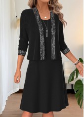 Black dresses,Plain Color dresses,Everyday dresses,Casual dresses,ROTITA Black Two-piece Round Neck Long Sleeve Dress and Cardigan