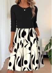 ROTITA Black Geometric Print Pleated Round Neck Long Sleeve Dress