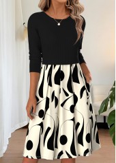 Black dresses,Geometric dresses,Everyday dresses,Casual dresses,ROTITA Black Geometric Print Pleated Round Neck Long Sleeve Dress