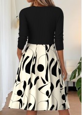 Black dresses,Geometric dresses,Everyday dresses,Casual dresses,ROTITA Black Geometric Print Pleated Round Neck Long Sleeve Dress