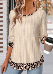 Skin Color tops,Leopard tops,Animal Print tops,ROTITA Fake 2in1 Leopard Skin Color Round Neck T Shirt
