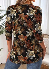 Black tops,Floral tops,Plants tops,ROTITA Curved Hem Floral Print Black Round Neck T Shirt