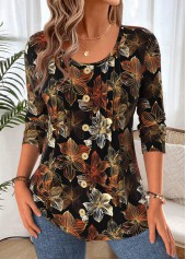 Black tops,Floral tops,Plants tops,ROTITA Curved Hem Floral Print Black Round Neck T Shirt