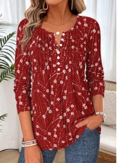 ROTITA Tuck Stitch Floral Print Wine Red T Shirt