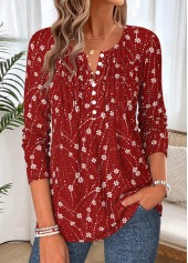 Wine Red tops,Floral tops,Plants tops,ROTITA Tuck Stitch Floral Print Wine Red T Shirt