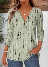 ROTITA Curved Hem Geometric Print Sage Green T Shirt
