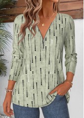 Sage Green tops,Geometric tops,ROTITA Curved Hem Geometric Print Sage Green T Shirt
