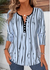 ROTITA Curved Hem Striped Light Blue Split Neck T Shirt