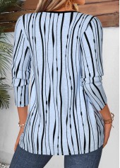 Light Blue tops,Striped tops,Geometric tops,ROTITA Curved Hem Striped Light Blue Split Neck T Shirt