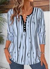 Light Blue tops,Striped tops,Geometric tops,ROTITA Curved Hem Striped Light Blue Split Neck T Shirt