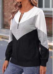 Black tops,Geometric tops,ROTITA Patchwork Geometric Print Black Long Sleeve Sweater