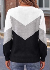 Black tops,Geometric tops,ROTITA Patchwork Geometric Print Black Long Sleeve Sweater