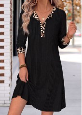 ROTITA Black Leopard Patchwork Short Split Neck Long Sleeve Dress