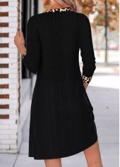 Black dresses,Leopard dresses,Animal Print dresses,Everyday dresses,Casual dresses,ROTITA Black Leopard Patchwork Short Split Neck Long Sleeve Dress