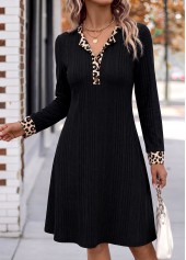 Black dresses,Leopard dresses,Animal Print dresses,Everyday dresses,Casual dresses,ROTITA Black Leopard Patchwork Short Split Neck Long Sleeve Dress