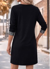 Black dresses,Plain Color dresses,Everyday dresses,Casual dresses,ROTITA Black Patchwork Short Round Neck Long Sleeve Dress