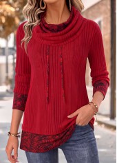 Red tops,Plants tops,ROTITA Fake 2in1 Leaf Print Red Cowl Neck Sweatshirt