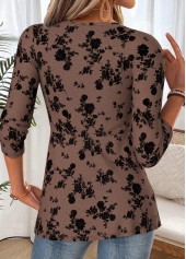 Dark Coffee tops,Floral tops,Plants tops,ROTITA Patchwork Floral Print Dark Coffee V Neck T Shirt