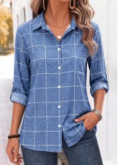 ROTITA Tummy Coverage Plaid Denim Blue 3/4 Sleeve Shirt