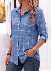 Denim Blue tops,Plaid tops,Geometric tops,ROTITA Tummy Coverage Plaid Denim Blue 3/4 Sleeve Shirt