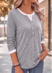 Light Grey Marl tops,Contrast Color tops,ROTITA Fake 2in1 Light Grey Marl Scoop Neck T Shirt