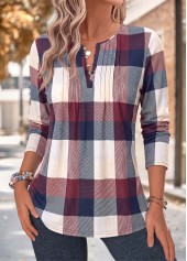 Multi Color tops,Plaid tops,Geometric tops,ROTITA Tuck Stitch Plaid Multi Color Split Neck Blouse