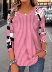 ROTITA Button Geometric Print Pink Round Neck T Shirt