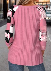Pink tops,Neon Pink tops,Geometric tops,ROTITA Button Geometric Print Pink Round Neck T Shirt