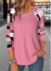 Pink tops,Neon Pink tops,Geometric tops,ROTITA Button Geometric Print Pink Round Neck T Shirt