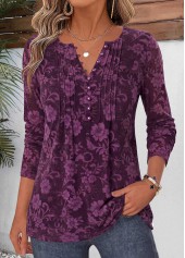 ROTITA Curved Hem Floral Print Dark Reddish Purple T Shirt