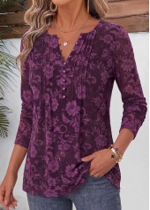 Dark Reddish Purple tops,Floral tops,Plants tops,ROTITA Curved Hem Floral Print Dark Reddish Purple T Shirt