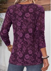 Dark Reddish Purple tops,Floral tops,Plants tops,ROTITA Curved Hem Floral Print Dark Reddish Purple T Shirt