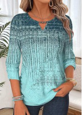 ROTITA Shirred Geometric Print Mint Green 3/4 Sleeve Blouse