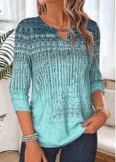 Mint Green tops,Geometric tops,ROTITA Shirred Geometric Print Mint Green 3/4 Sleeve Blouse