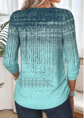 Mint Green tops,Geometric tops,ROTITA Shirred Geometric Print Mint Green 3/4 Sleeve Blouse