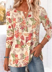 ROTITA Tummy Coverage Leaf Print Green Split Neck T Shirt