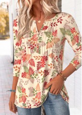 Beige tops,Plants tops,ROTITA Tummy Coverage Leaf Print Green Split Neck T Shirt