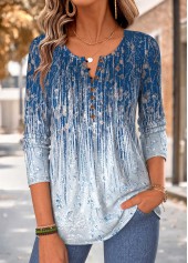 ROTITA Tuck Stitch Ombre Dark Blue Split Neck T Shirt