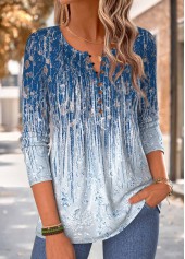 Dark Blue tops,Ombre tops,ROTITA Tuck Stitch Ombre Dark Blue Split Neck T Shirt