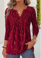 ROTITA Curved Hem Geometric Print Red Split Neck T Shirt