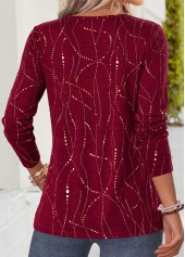 Red tops,Geometric tops,ROTITA Curved Hem Geometric Print Red Split Neck T Shirt