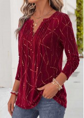 Red tops,Geometric tops,ROTITA Curved Hem Geometric Print Red Split Neck T Shirt