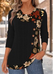 ROTITA Patchwork Floral Print Black Draped Neck T Shirt