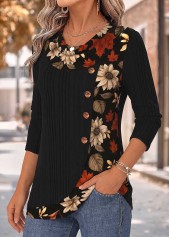 Black tops,Floral tops,Plants tops,ROTITA Patchwork Floral Print Black Draped Neck T Shirt